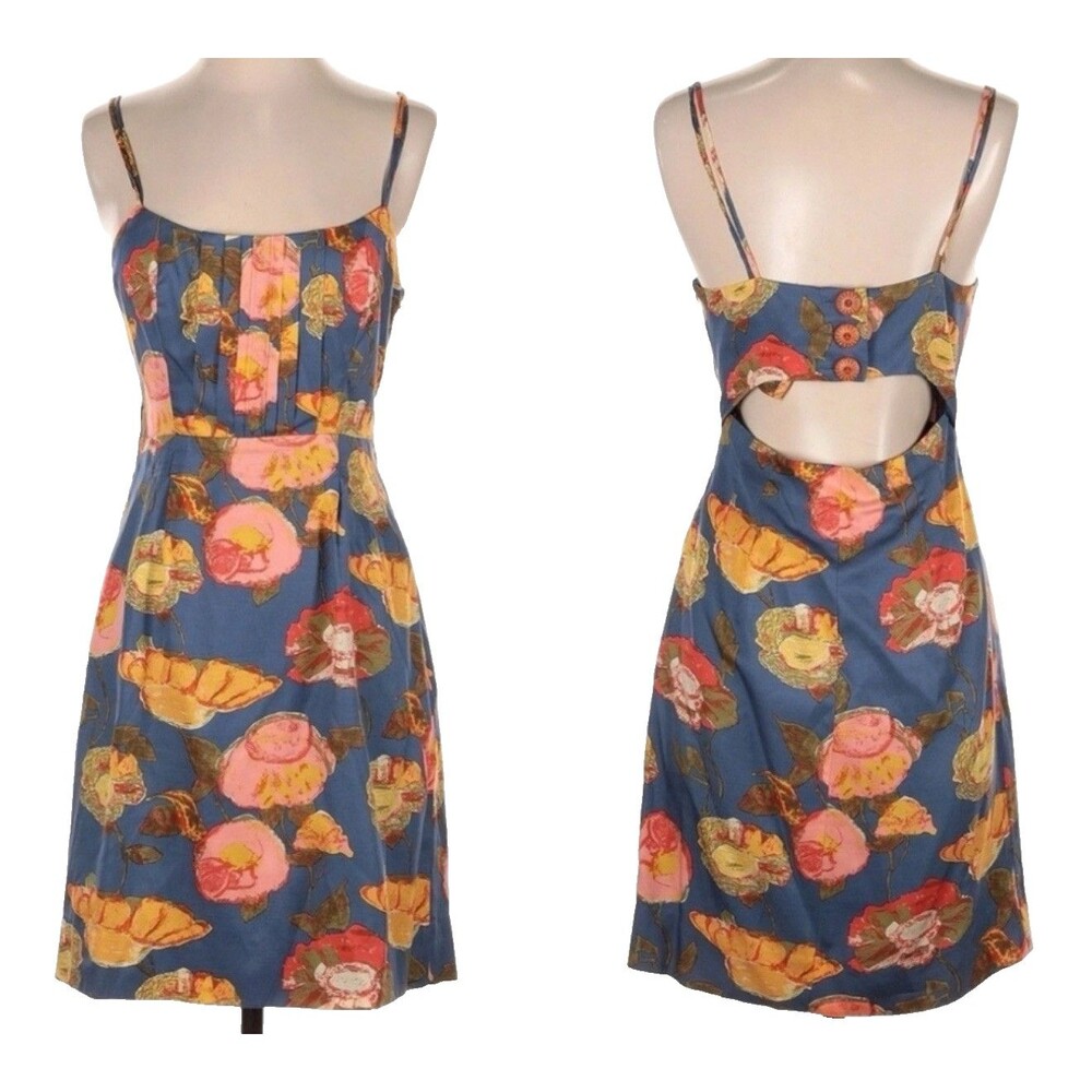 Anthropologie Maeve Floral Dress Size 4 Blue Silk Cotton Blend Open Back New